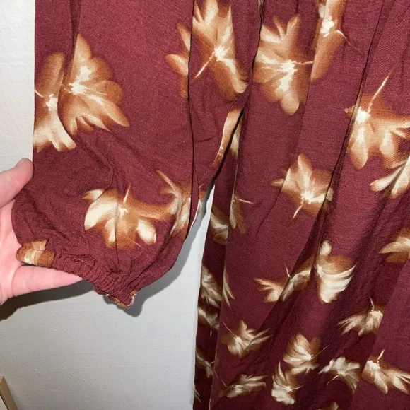 Ava & Viv Size 2X Dress Rust Brown SMOCKED FLORAL MIDI DRESS Long Sleeve V Neck - Picture 5 of 9